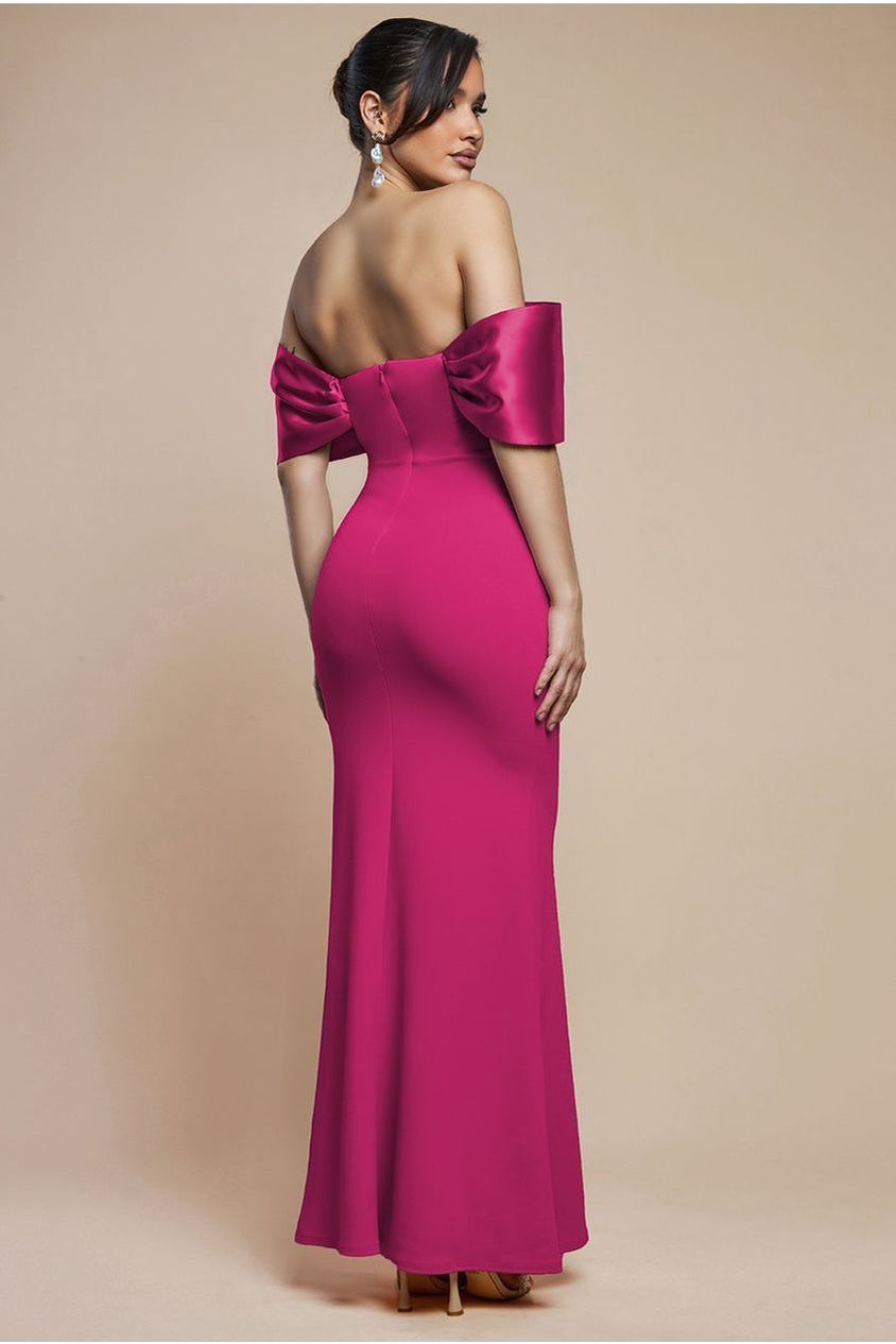 Goddiva Twist Knot Satin & Scuba Bardot Maxi Dress - Magenta