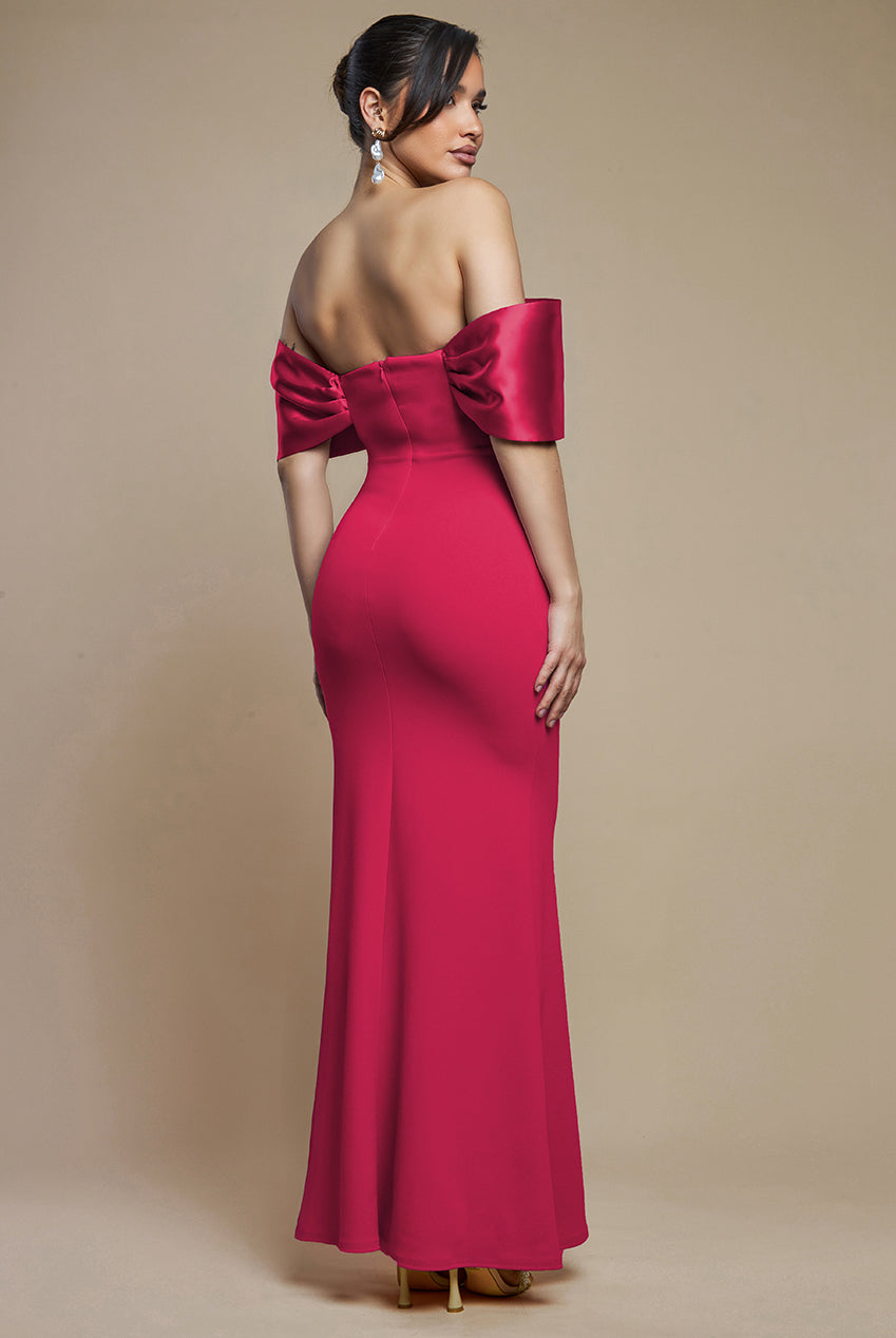 Goddiva Twist Knot Satin & Scuba Bardot Maxi Dress - Magenta