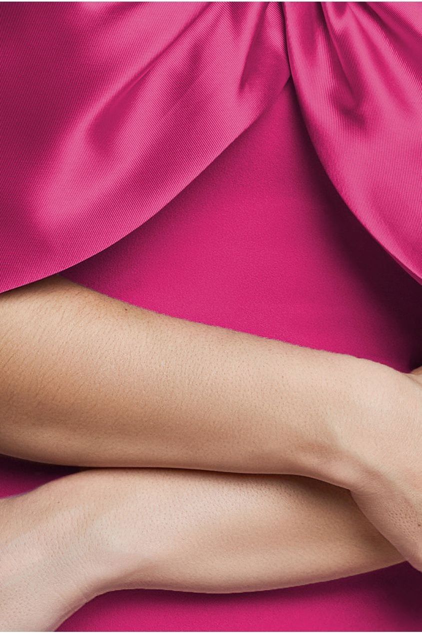 Goddiva Twist Knot Satin & Scuba Bardot Maxi Dress - Magenta