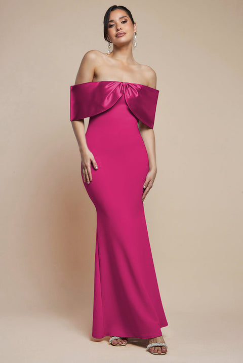 Goddiva Twist Knot Satin & Scuba Bardot Maxi Dress - Magenta