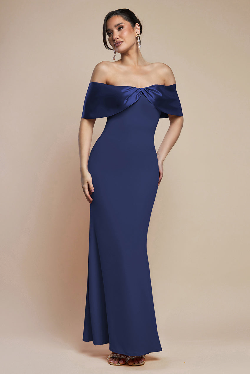 Goddiva Twist Knot Satin & Scuba Bardot Maxi Dress - Navy Blue