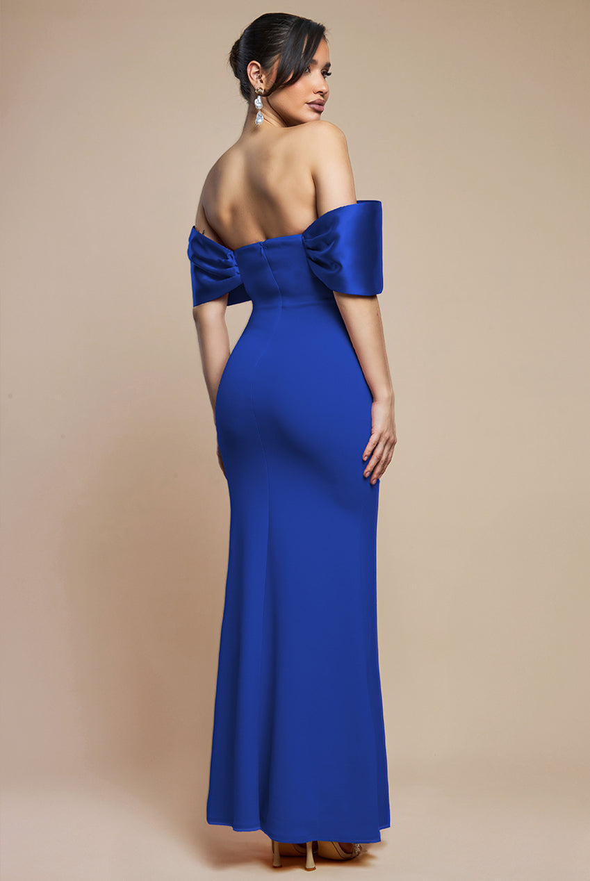 Goddiva Twist Knot Satin & Scuba Bardot Maxi Dress - Royal Blue