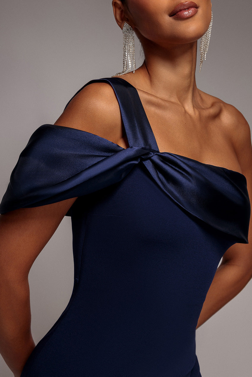 Goddiva Satin Twist One Shoulder Maxi Dress - Navy Blue