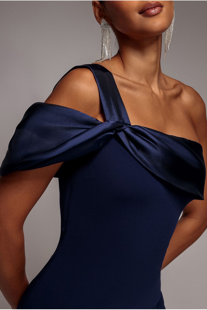 Goddiva Satin Twist One Shoulder Maxi Dress - Navy Blue