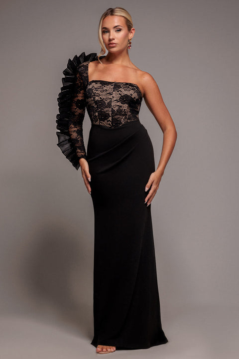 Goddiva One Shoulder Organza  Fan Detail Lace Bodice Maxi Dress - Black