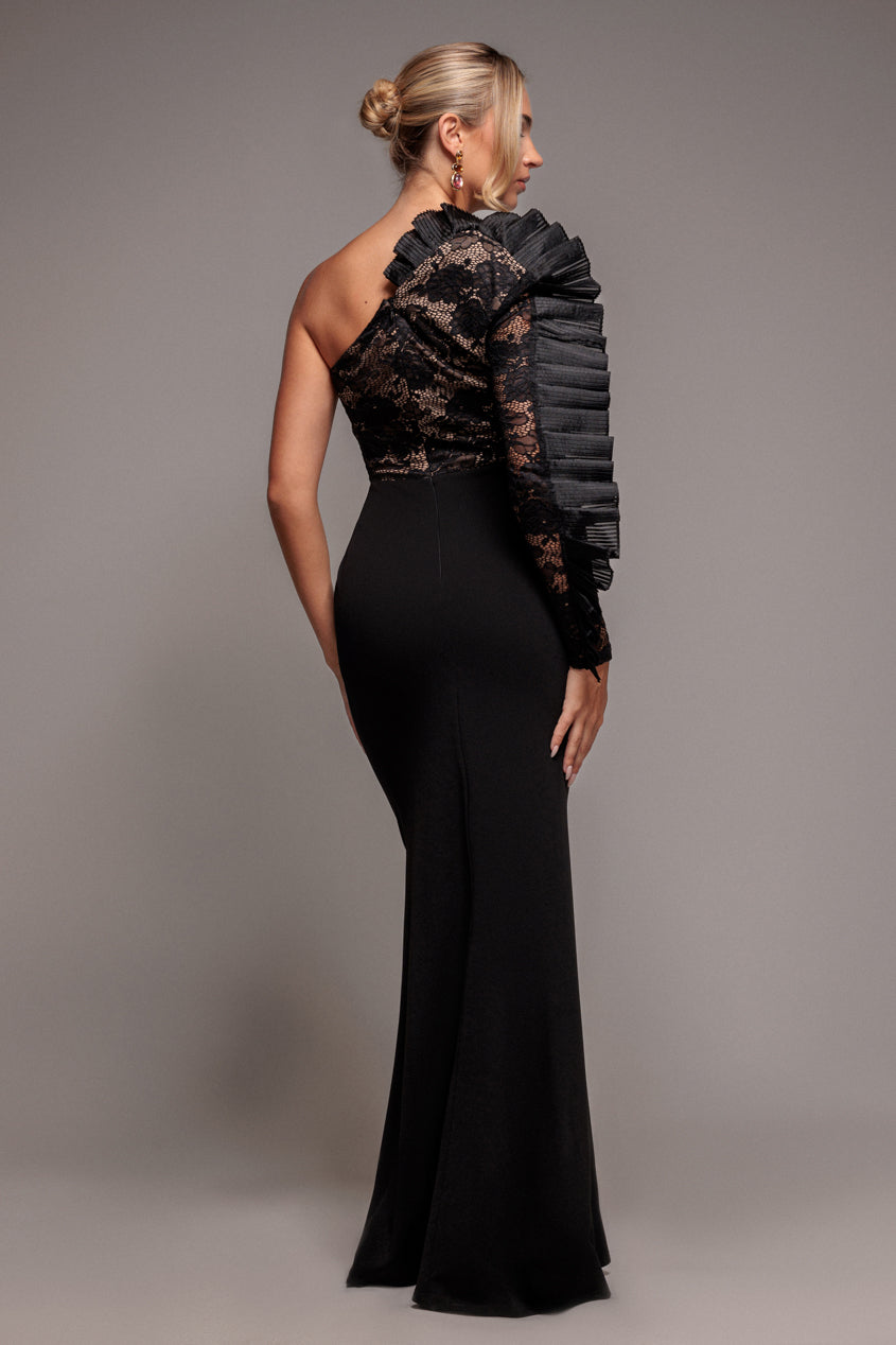 Goddiva One Shoulder Organza  Fan Detail Lace Bodice Maxi Dress - Black