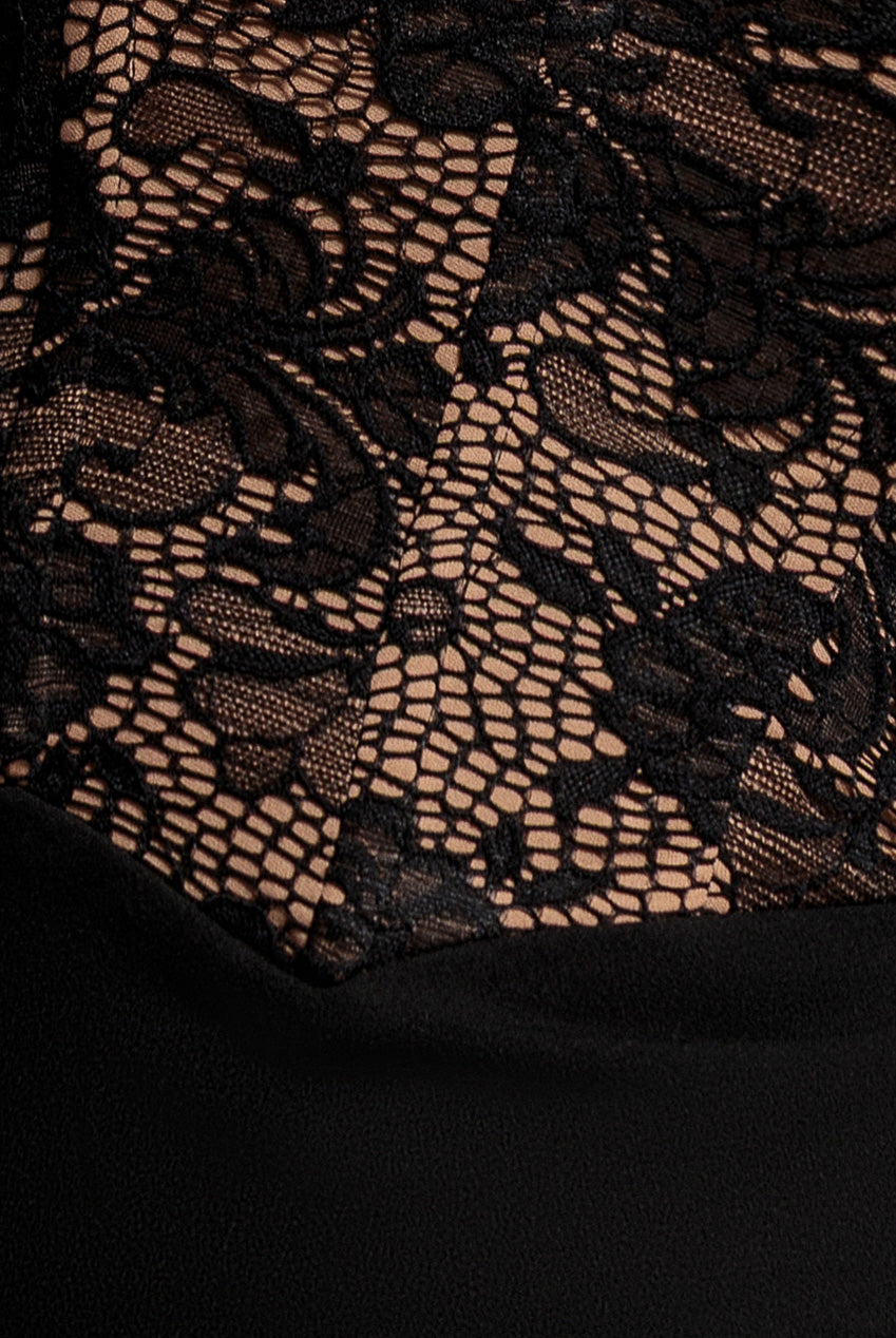 Goddiva One Shoulder Organza  Fan Detail Lace Bodice Maxi Dress - Black