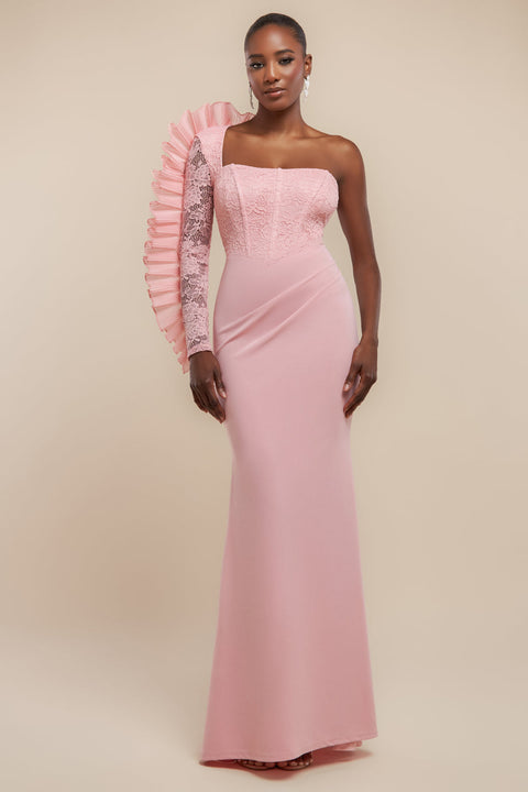 Goddiva One Shoulder Organza  Fan Detail Lace Bodice Maxi Dress - Blush Pink