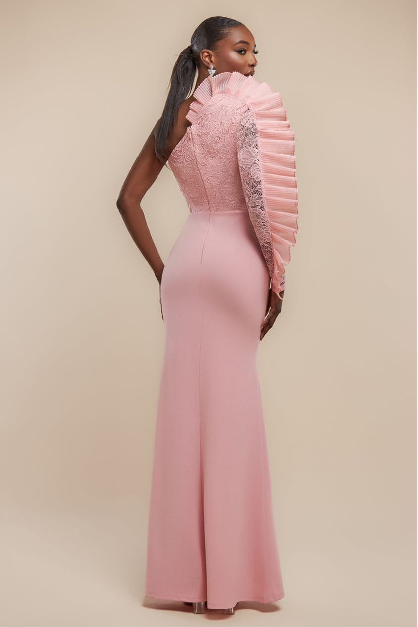 Goddiva One Shoulder Organza  Fan Detail Lace Bodice Maxi Dress - Blush Pink
