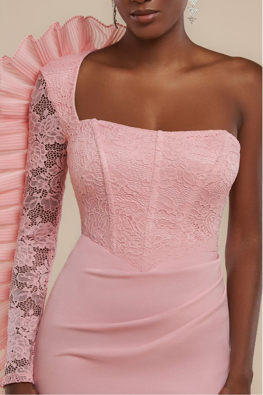 Goddiva One Shoulder Organza  Fan Detail Lace Bodice Maxi Dress - Blush Pink