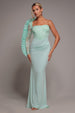 Goddiva One Shoulder Organza  Fan Detail Lace Bodice Maxi Dress - Mint Green