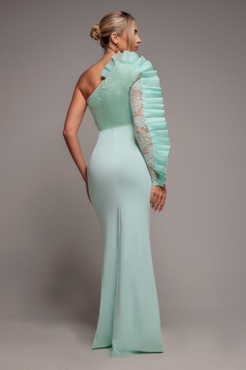 Goddiva One Shoulder Organza  Fan Detail Lace Bodice Maxi Dress - Mint Green