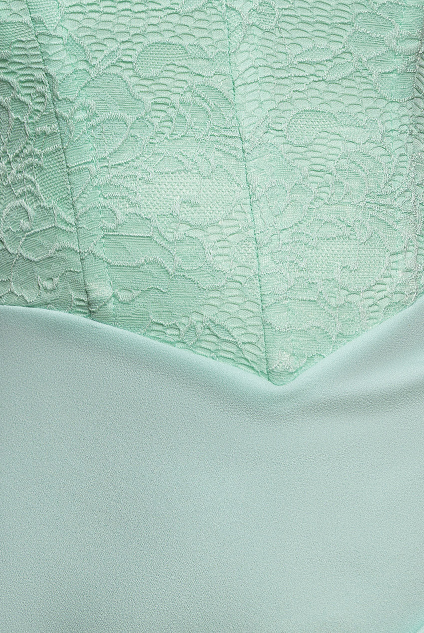 Goddiva One Shoulder Organza  Fan Detail Lace Bodice Maxi Dress - Mint Green