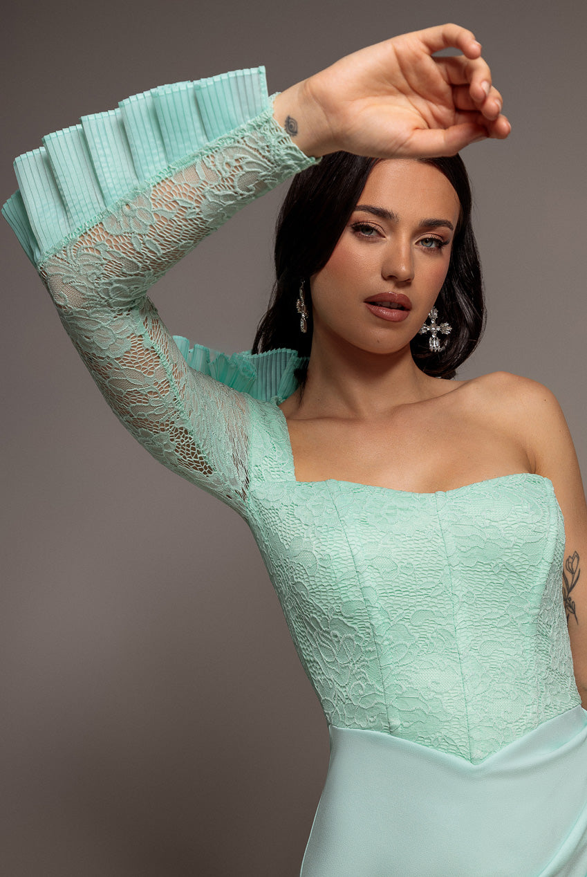 Goddiva One Shoulder Organza  Fan Detail Lace Bodice Maxi Dress - Mint Green