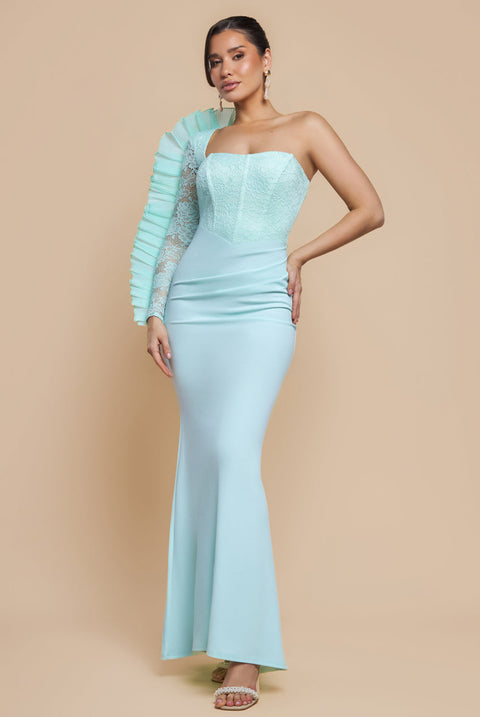 Goddiva One Shoulder Organza  Fan Detail Lace Bodice Maxi Dress - Mint Green