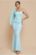 Goddiva One Shoulder Organza  Fan Detail Lace Bodice Maxi Dress - Mint Green