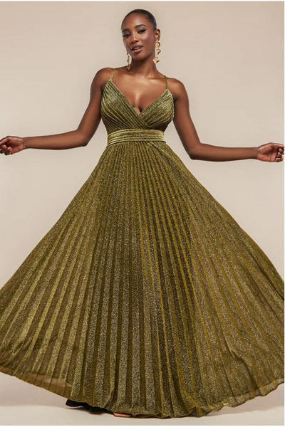 Gold - Goddiva Sleeveless Pleated A Line Lurex Maxi Dress - Gold