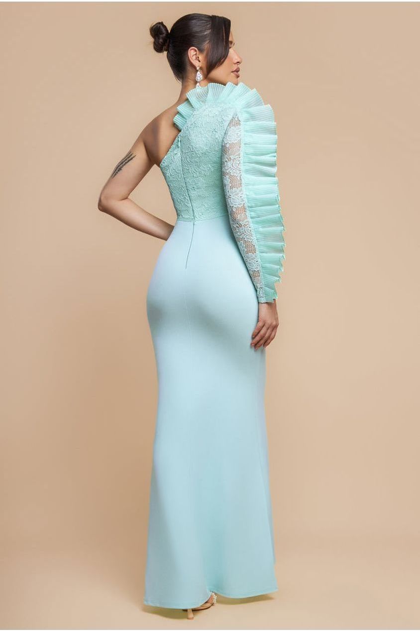 Goddiva One Shoulder Organza  Fan Detail Lace Bodice Maxi Dress - Mint Green