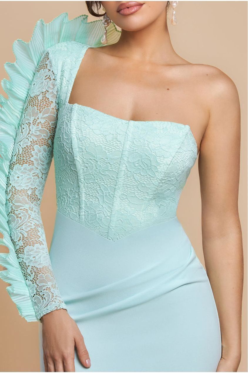 Goddiva One Shoulder Organza  Fan Detail Lace Bodice Maxi Dress - Mint Green