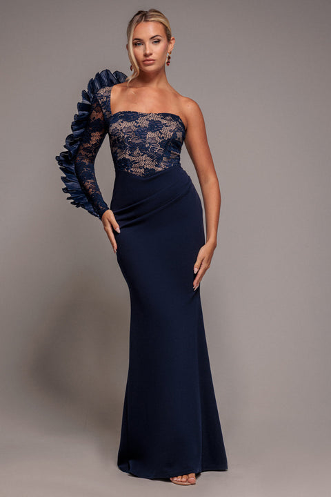 Goddiva One Shoulder Organza  Fan Detail Lace Bodice Maxi Dress - Navy Blue