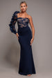 Goddiva One Shoulder Organza  Fan Detail Lace Bodice Maxi Dress - Navy Blue