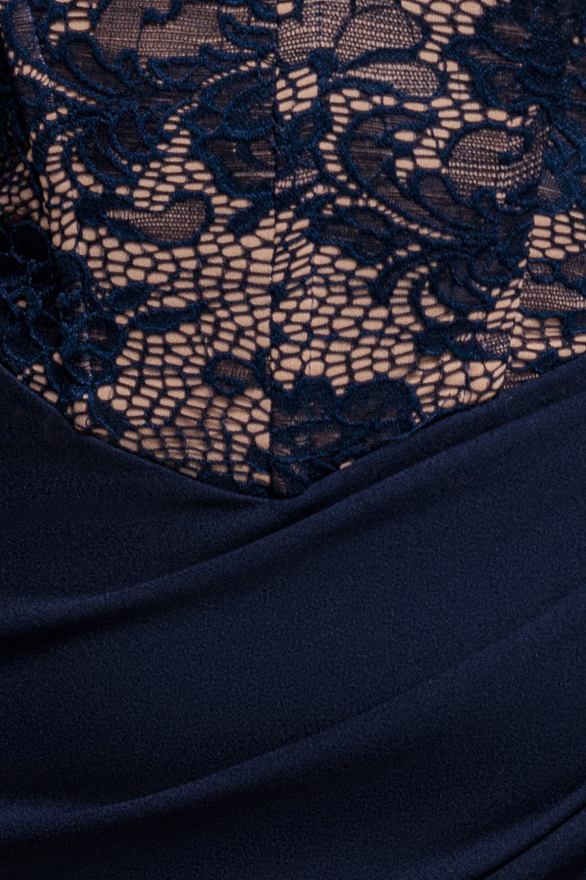 Goddiva One Shoulder Organza  Fan Detail Lace Bodice Maxi Dress - Navy Blue