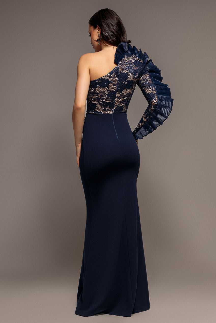 Goddiva One Shoulder Organza  Fan Detail Lace Bodice Maxi Dress - Navy Blue