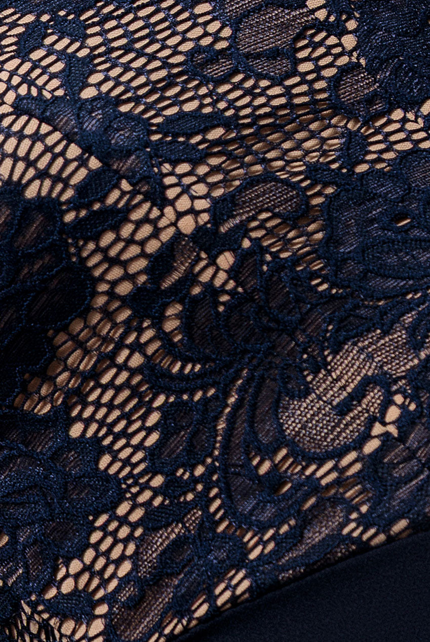 Goddiva One Shoulder Organza  Fan Detail Lace Bodice Maxi Dress - Navy Blue