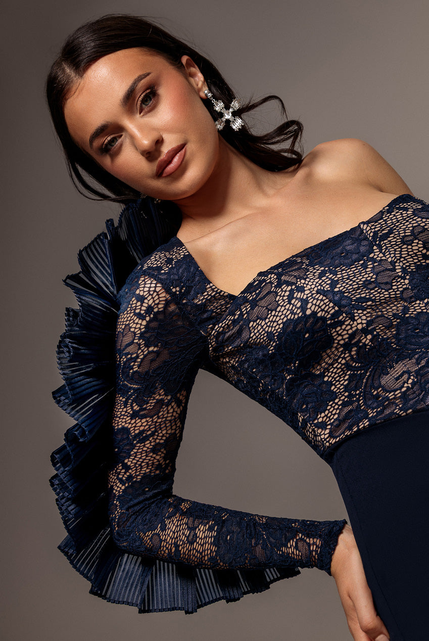Goddiva One Shoulder Organza  Fan Detail Lace Bodice Maxi Dress - Navy Blue