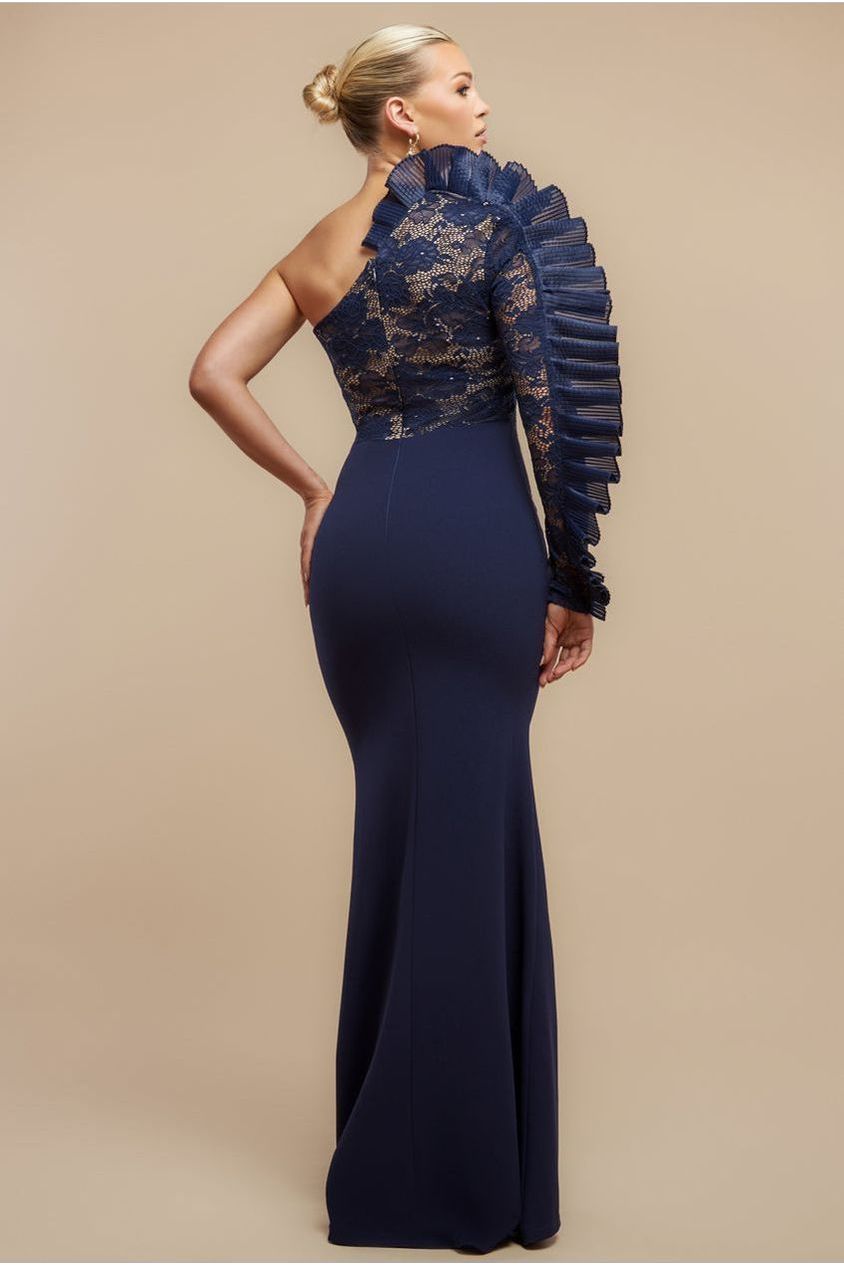 Goddiva One Shoulder Organza  Fan Detail Lace Bodice Maxi Dress - Navy Blue