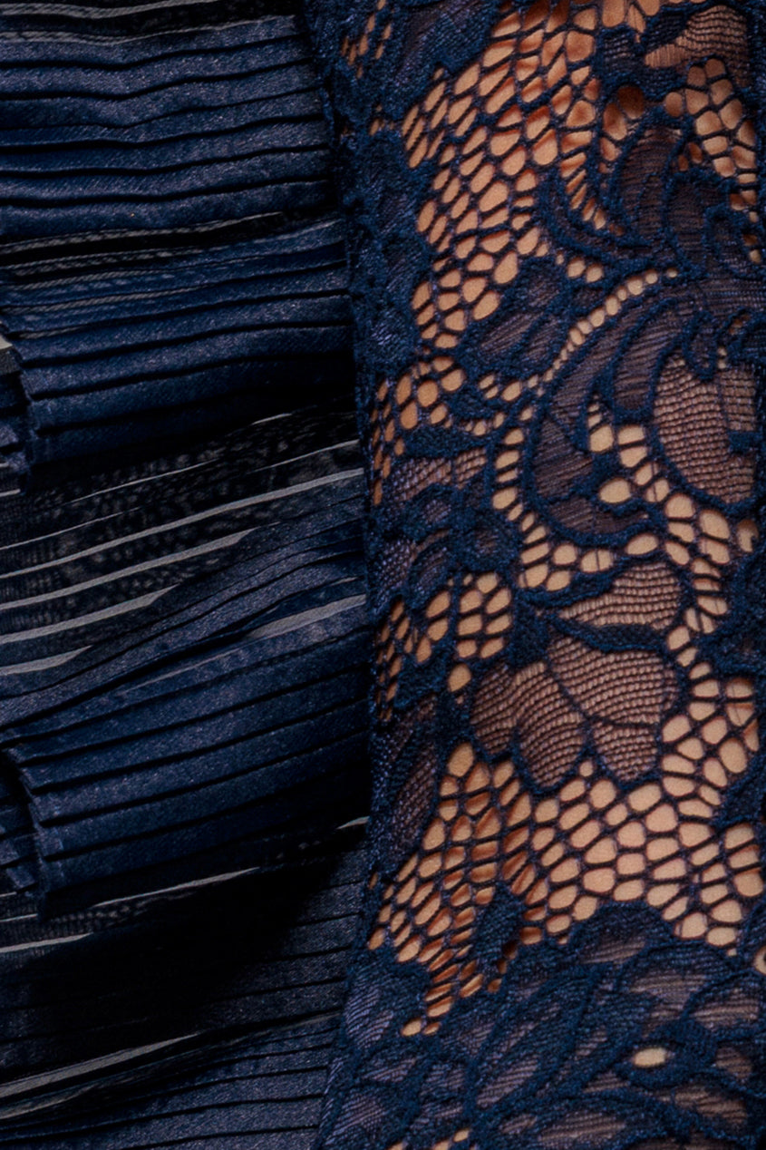 Goddiva One Shoulder Organza  Fan Detail Lace Bodice Maxi Dress - Navy Blue