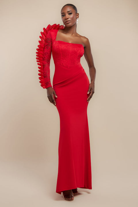 Goddiva One Shoulder Organza  Fan Detail Lace Bodice Maxi Dress - Red