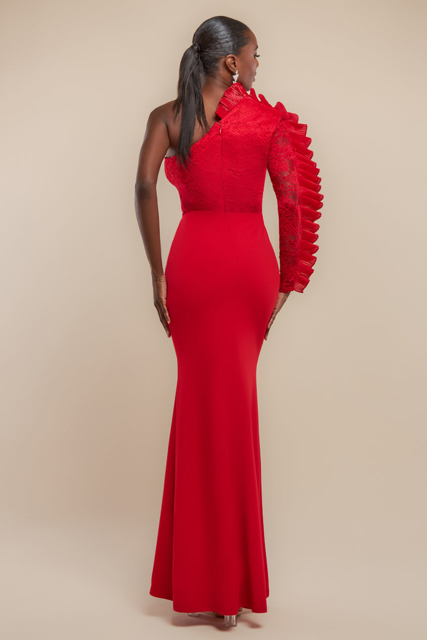 Goddiva One Shoulder Organza  Fan Detail Lace Bodice Maxi Dress - Red