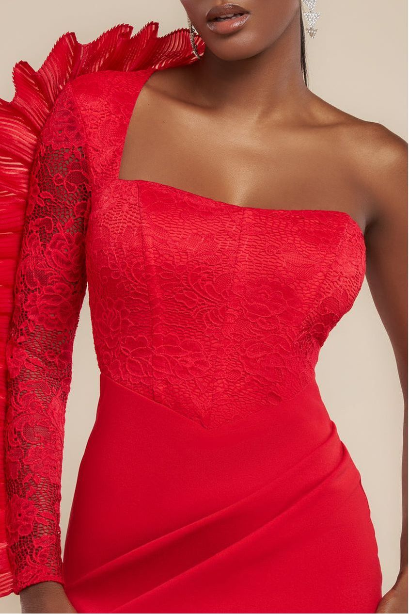 Goddiva One Shoulder Organza  Fan Detail Lace Bodice Maxi Dress - Red