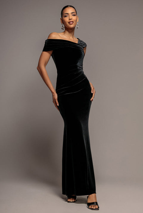 Goddiva One Shoulder Velvet Maxi Dress - Black