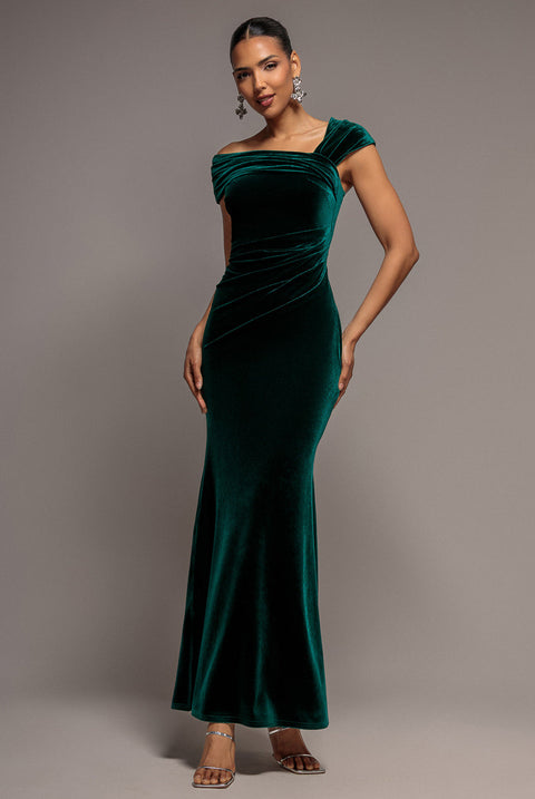 Goddiva One Shoulder Velvet Maxi Dress - Emerald Green