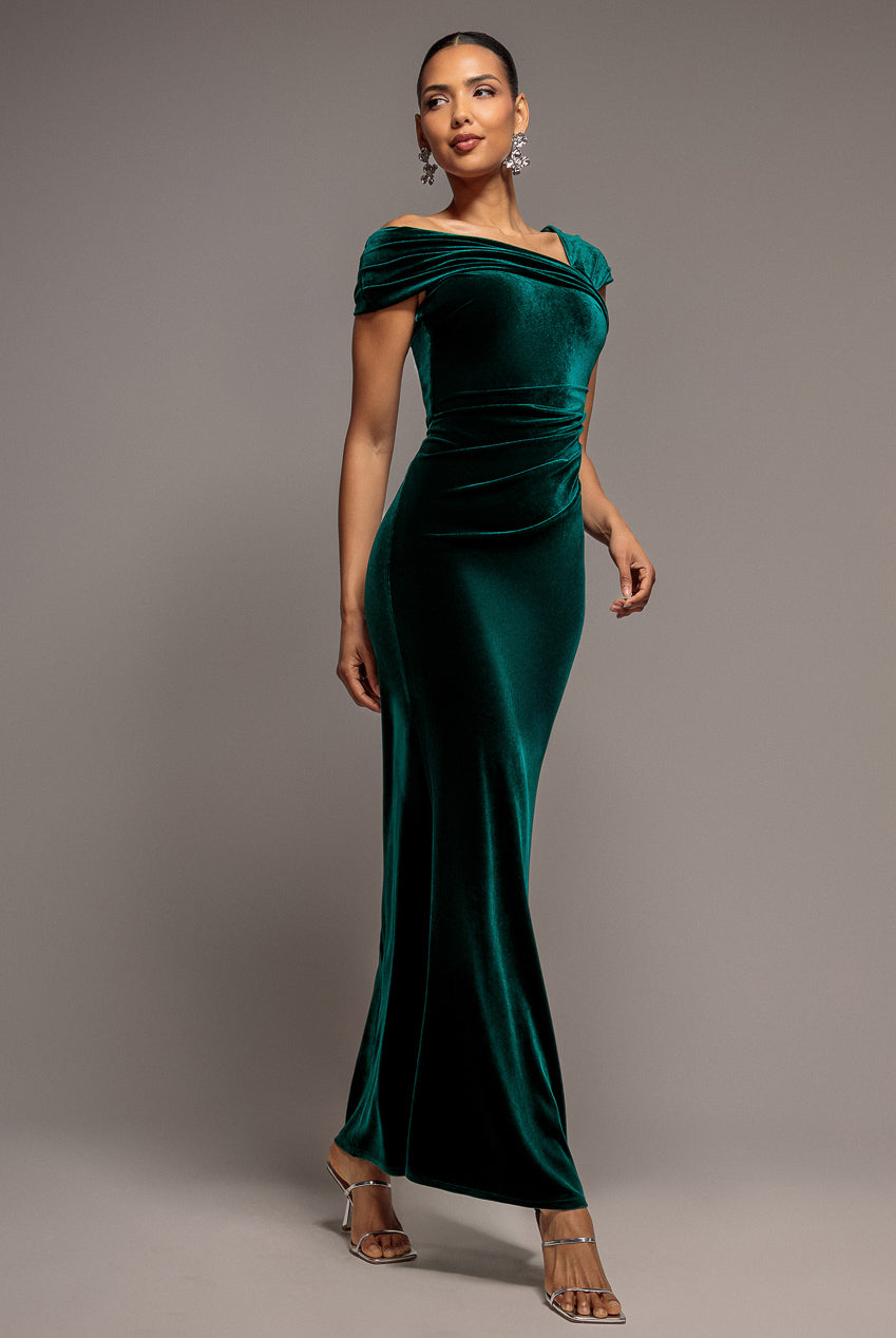 Goddiva One Shoulder Velvet Maxi Dress - Emerald Green