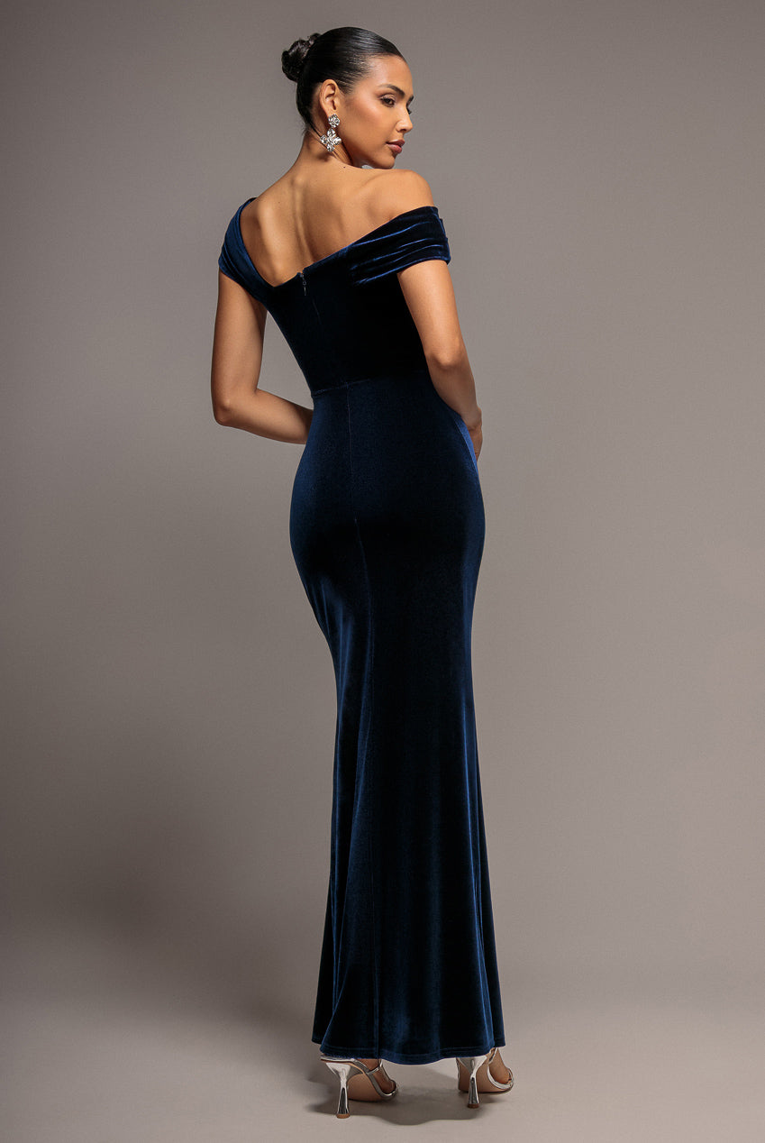 Goddiva One Shoulder Velvet Maxi Dress - Navy