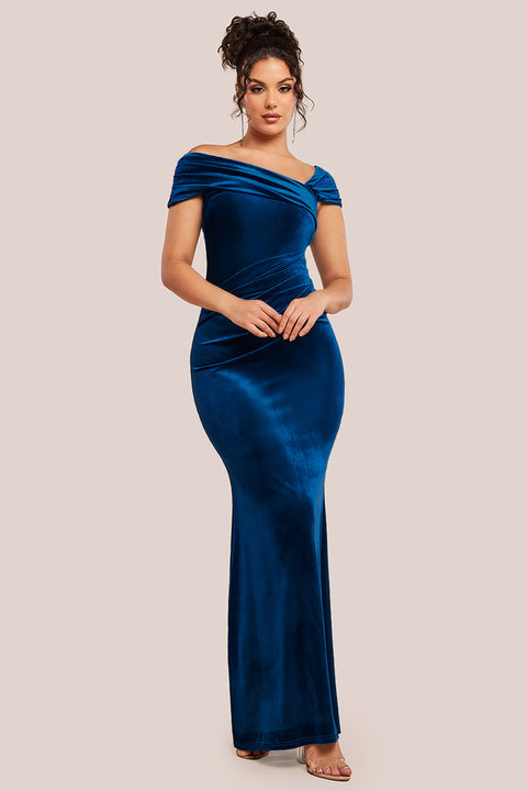 Goddiva One Shoulder Velvet Maxi Dress - Teal