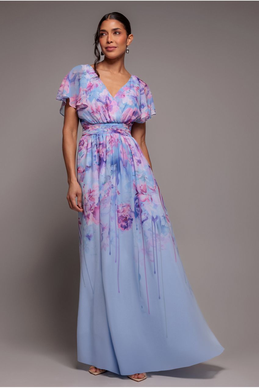 Goddiva Printed Silky Chiffon Flutter Sleeve Maxi Dress - Blue