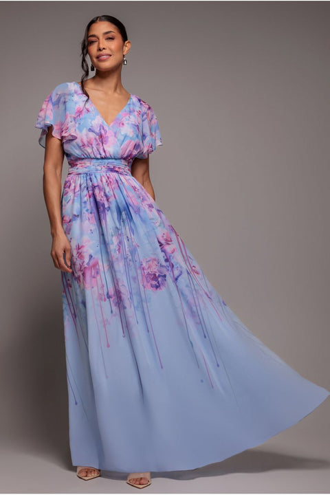 Goddiva Printed Silky Chiffon Flutter Sleeve Maxi Dress - Blue