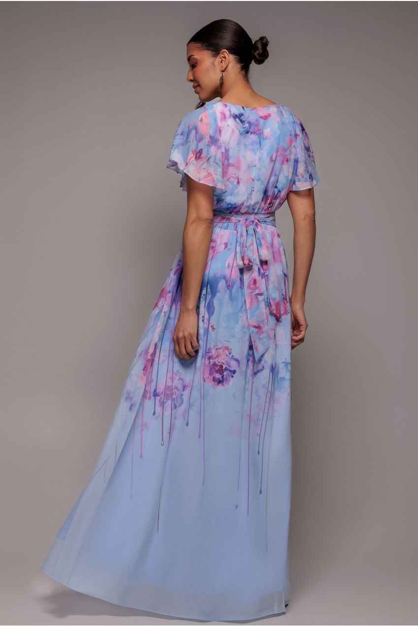 Goddiva Printed Silky Chiffon Flutter Sleeve Maxi Dress - Blue