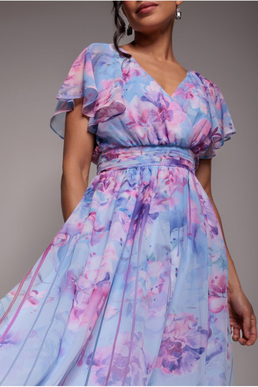 Goddiva Printed Silky Chiffon Flutter Sleeve Maxi Dress - Blue