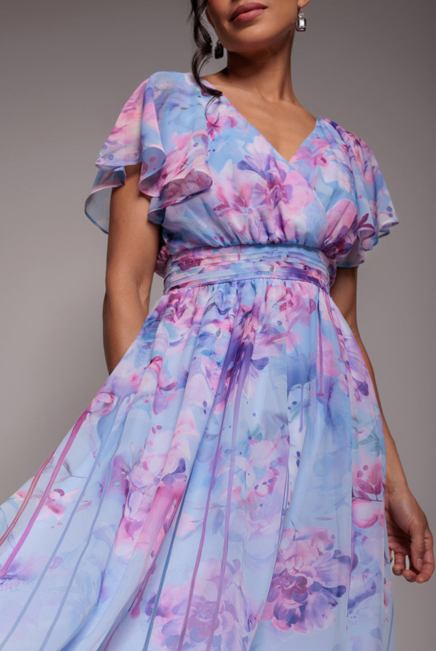 Goddiva Printed Silky Chiffon Flutter Sleeve Maxi Dress - Blue