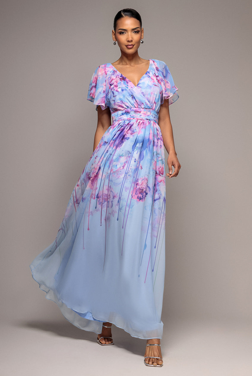 Goddiva Printed Silky Chiffon Flutter Sleeve Maxi Dress - Blue