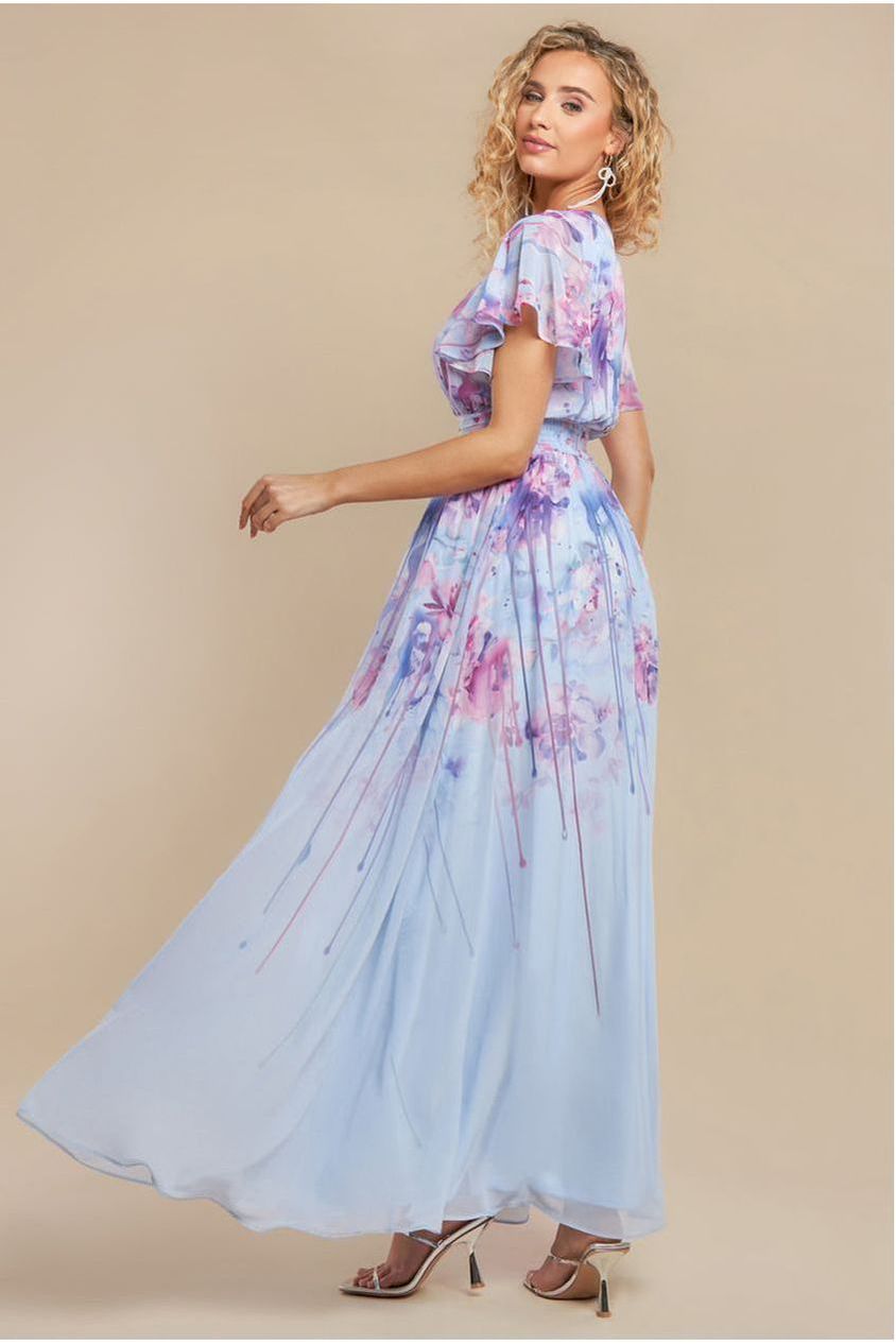 Goddiva Printed Silky Chiffon Flutter Sleeve Maxi Dress - Blue