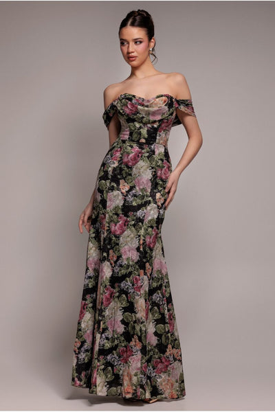 Black - Goddiva Cowl Neck Floral Print Jacquard Chiffon Maxi Dress - Black