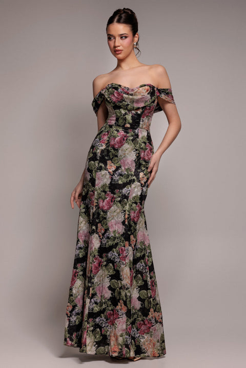 Goddiva Cowl Neck Floral Print Jacquard Chiffon Maxi Dress - Black