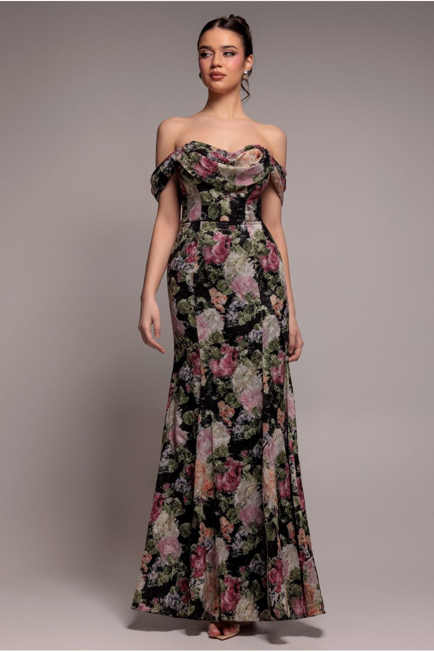 Goddiva Cowl Neck Floral Print Jacquard Chiffon Maxi Dress - Black