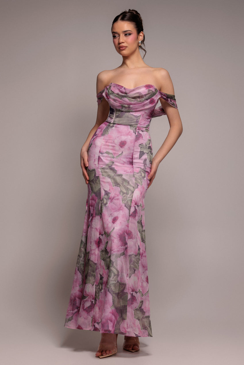 Goddiva Cowl Neck Floral Print Jacquard Chiffon Maxi Dress - Blush Pink